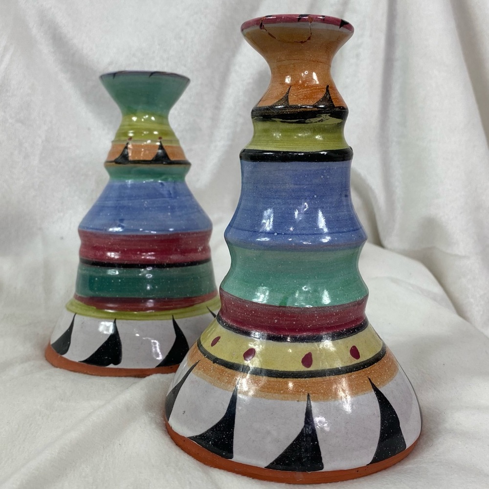 Possibly Mackenzie Child’s vintage clay candle holder sticks pair
